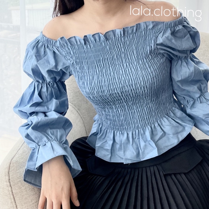 (SẴN) Áo thô xanh trễ vai