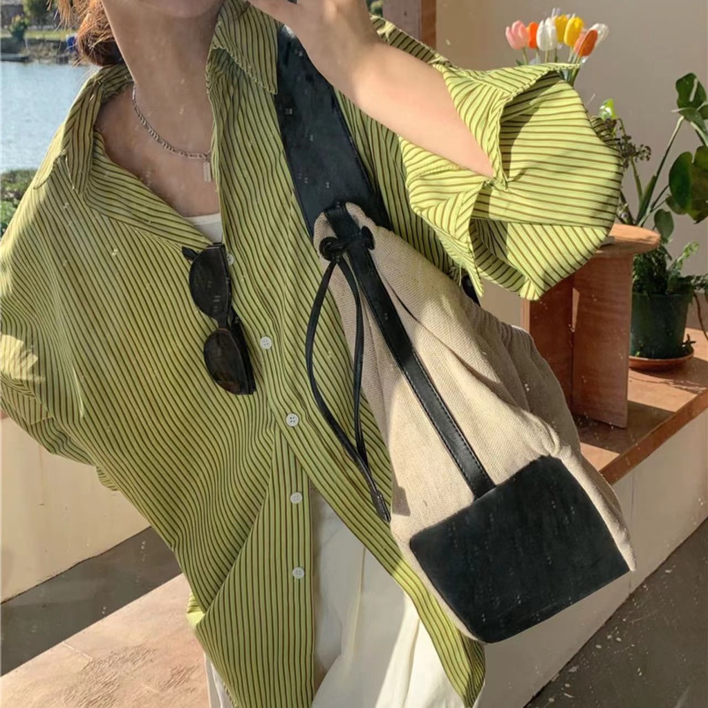 Áo sơ mi SUXI tay dài dáng rộng họa tiết kẻ sọc thời trang mùa hè cho nữ