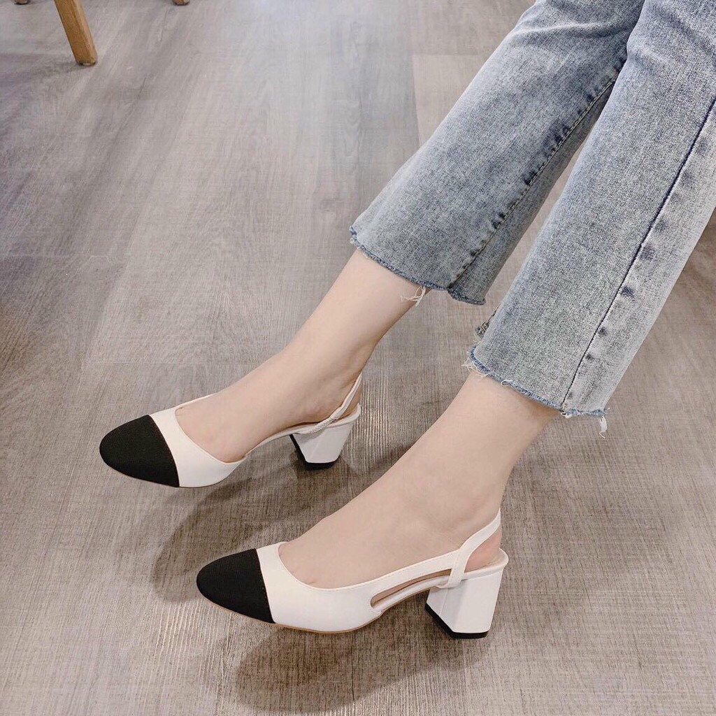 Giày sandal nữ gót cao 5p Bánh Bèo, giày cao gót nữ mũi tròn hỡ gót phối dây thời trang màu đen, nude và trắng