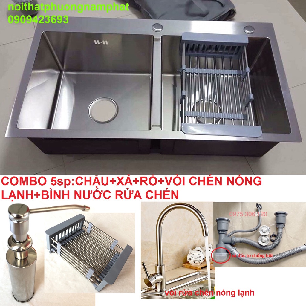 [CHẬU ĐÚC} Chậu Rửa Chén Bát INOX SUS 304 N5 8245 NA.GRAND và xả chậu và Rổ rút và Vòi chén nóng lạnh và Bình rửa chén