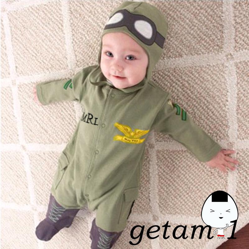 Set đồ liền thân dài tay kèm nón đội màu xanh quân đội giả phi công dễ thương cho bé trai