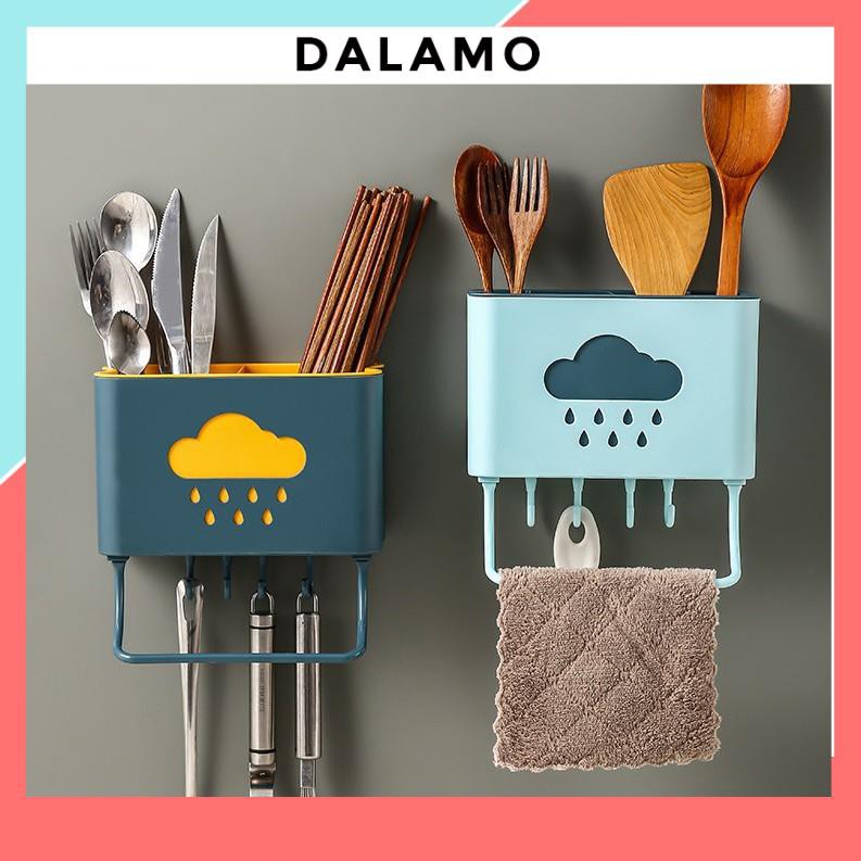Kệ đựng đũa đẹp dán tường hình đám mây ống đũa dễ thương, cute có 4 móc và khay treo khăn F435 DALAMO