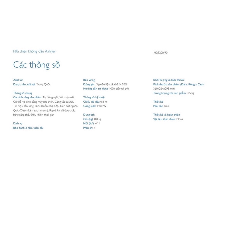 Nồi chiên không dầu Philips HD9200 /90 - Hàng chính hãng - Bảo hành 24 tháng