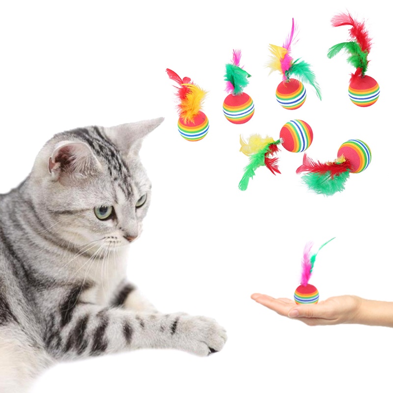 Đồ Chơi Bóng Xốp EVA Đính Lông Vũ Màu Cầu Vồng Tương Tác Với Thú Cưng