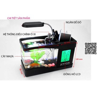 Hồ cá cảnh mini kiêm đồng hồ để bàn có đèn LED 419