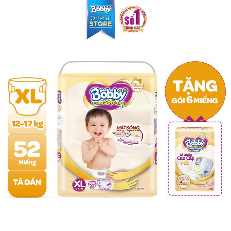 [Tặng 6 miếng tã quần] Tã dán cao cấp Bobby Extra Soft - Dry M64 / XL52