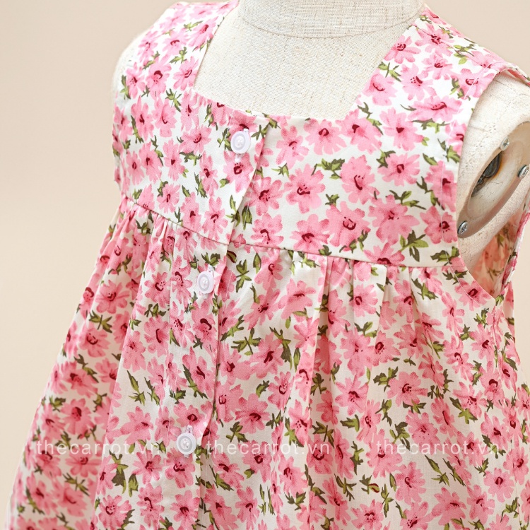 Bộ Đồ Carrot Cho Bé Gái, Họa Tiết Hoa Đào Hồng, Không Tay Dáng Baby Doll, Chất Thô Cotton Thoáng Mát Thấm Hút Mồ Hôi Tốt