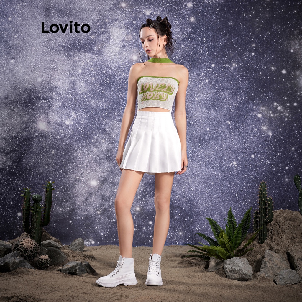 Lovito STAR GIRL Dễ thương chữ có dây ÁO Ràng buộc Phụ nữ Cami Top L32AE016 (Trắng trắng)