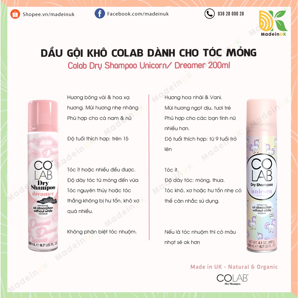 Dầu Gội Khô Colab Unicorn 200ml | Hương thơm dễ chịu của hoa nhài và Vani