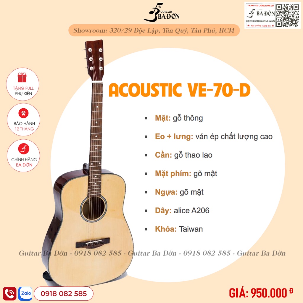 [Guitar Ba Đờn. Mall] Đàn Guitar Acoustic Ba Đờn Model VE-70-D cho người mới tập chơi