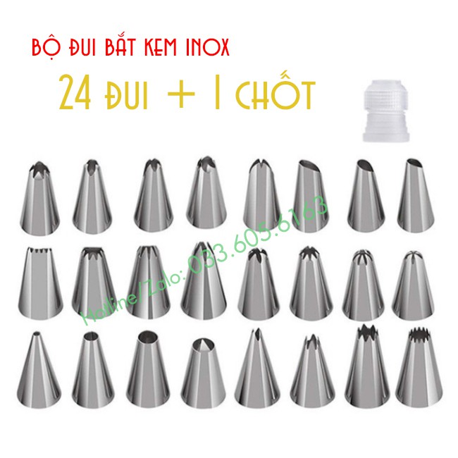 Bộ 24 đui bắt kem inox kèm chốt chất liệu bền đẹp - Dụng cụ pha chế TV