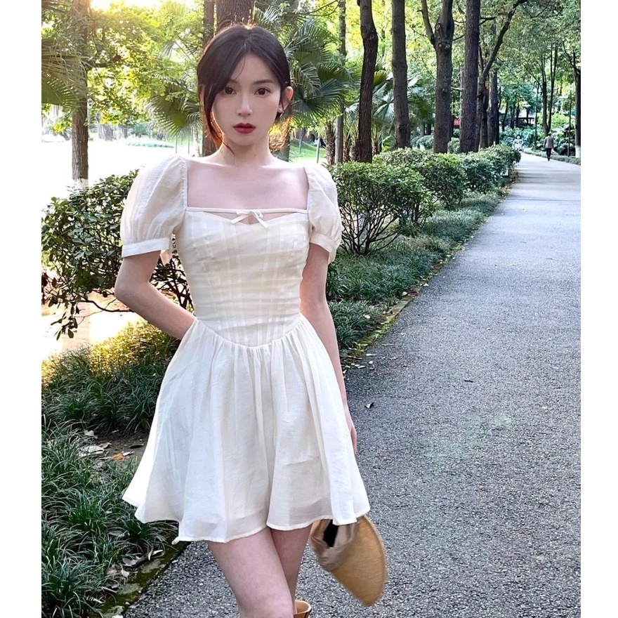 Đầm ZHELIHANGFEI ngắn tay phồng màu trơn thời trang xinh xắn dành cho nữ