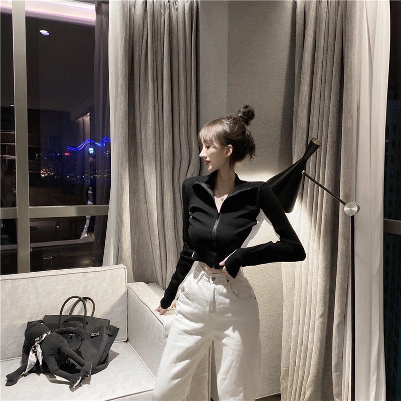 COZOK Áo khoác len cardigan cổ cao ôm dáng phối khóa kéo đa năng