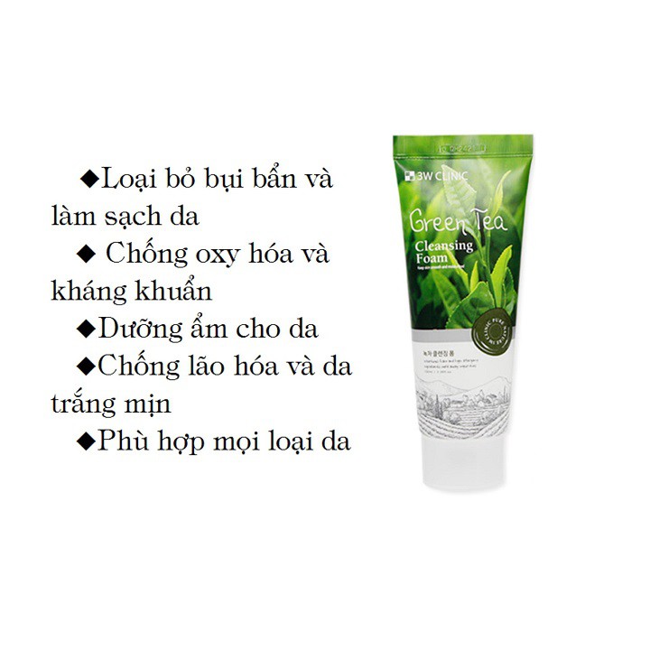 Sữa rửa mặt trà xanh 3W Clinic Green Tea Foam Cleansing Hàn Quốc 100ml Giúp làm sạch da/ giảm mụn/ trắng da tự nhiên