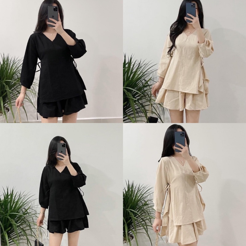 SET ĐỒ VINTAGE SET gồm chân váy xếp ly với thiết kế thắt nơ 2 bên và áo tay dài cổ V