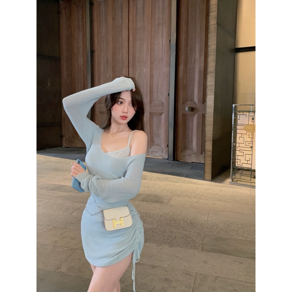 Đầm dệt kim trễ vai dáng ôm phối dây rút cá tính cho nữ