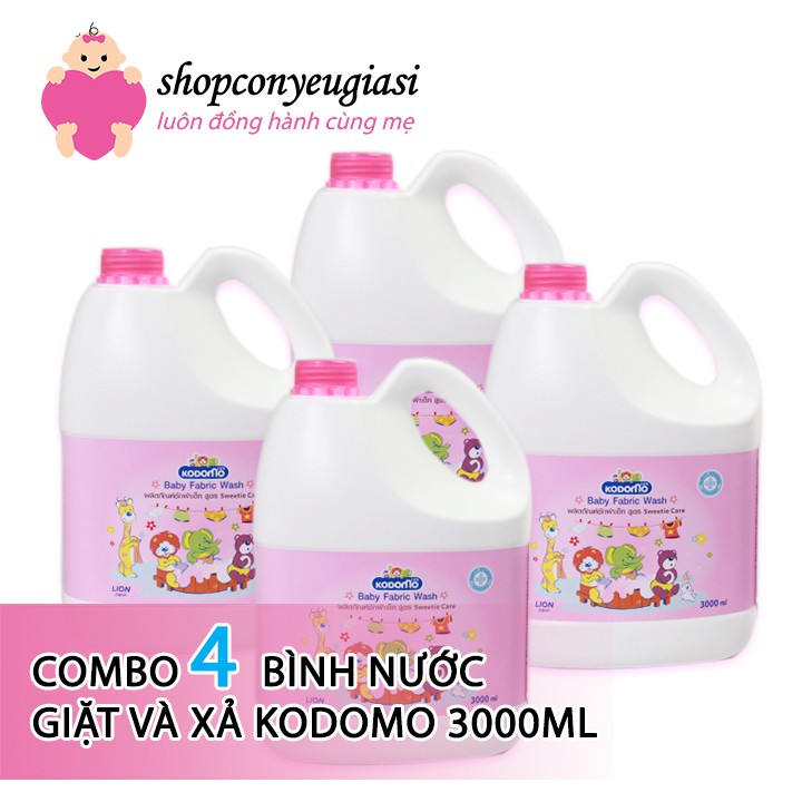 Combo 4 Bình Nước Giặt và Xả Kodomo 3000ml - Hồng - Thái Lan