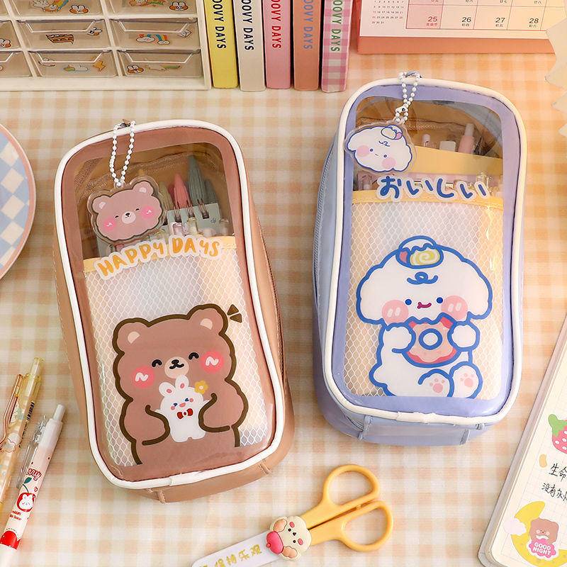 ⭐ iLado ⭐  Túi đựng bút trong suốt cute Dung lượng lớn túi nilong/PVC Stickers túi zip nhỏ hộp vải đựng đồ Hộp đựng hộp bút hologram bút cute bọc zip tiểu an văn phòng phẩm Đa Dụng túi đựng đồ dùng cá nhân hình