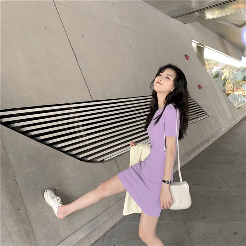 IELGY Đầm thun tay ngắn màu trơn phong cách hàn quốc thời trang xinh xắn cho nữ