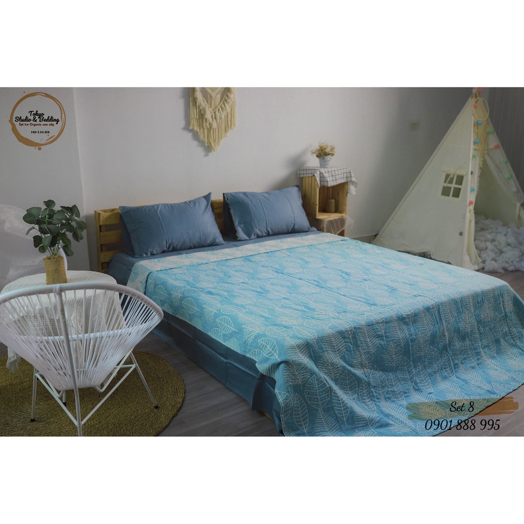 Set 08_Chăn Xô Cotton Sợi tre Organic dòng Basic &amp; Ga gối Lụa