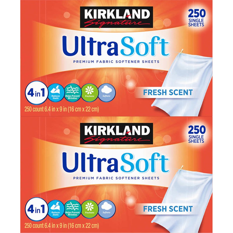 Giấy xả vải Kirkland Signature Premium Fabric Softener - Refreshing Scent, 2 x 250 tờ