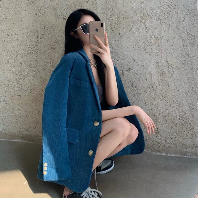 Áo Khoác Blazer Nhung Gân Khoác Ngoài Dáng Rộng Phong Cách Cổ Điển Hàn QUốc