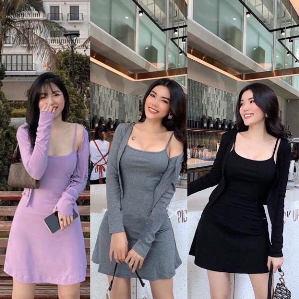 [Hot( ảnh thật) Set đầm body, váy hai dây kèm áo khóa ngoài dài tay