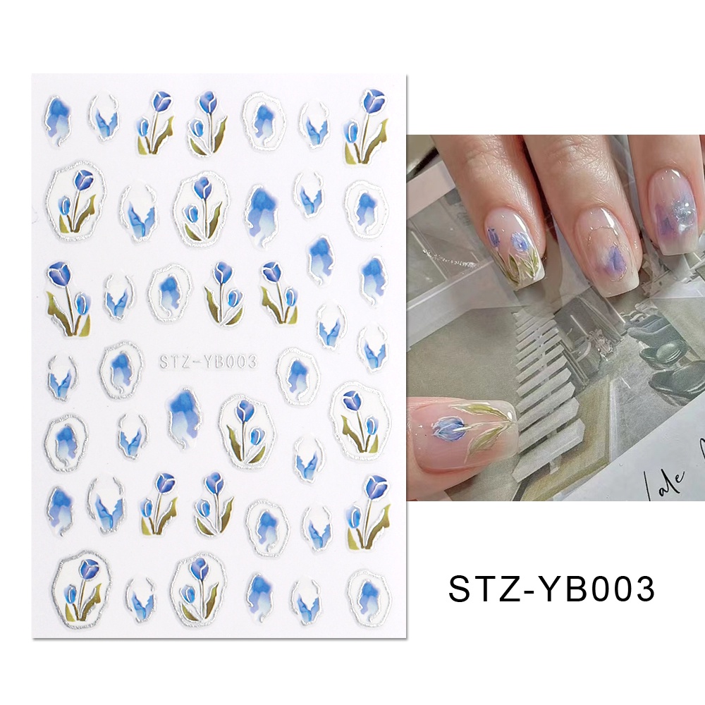 Miếng Dán Trang Trí Móng Tay 3D Hình Hoa Tulip Màu Hồng/ Bạc Thời Trang