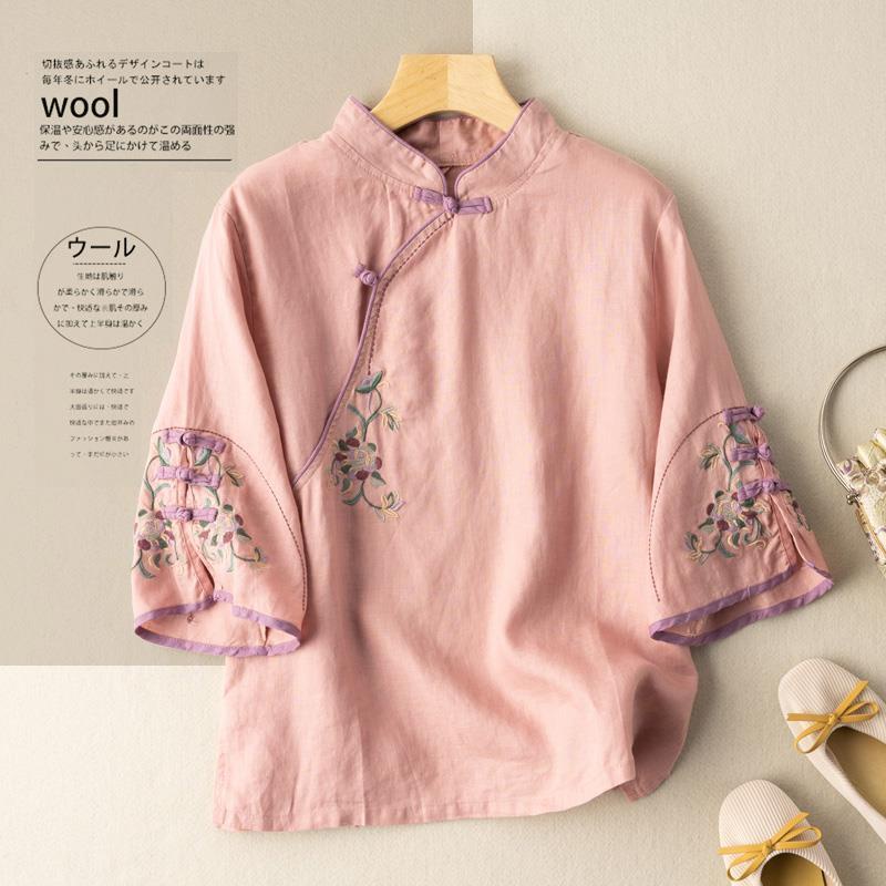 Áo Sơ Mi Cotton Lanh Tay Lửng Thêu Họa Tiết Dân Tộc Phong Cách Retro Mẫu Mới 2022 Kích Thước M-4xl Dành Cho Nữ