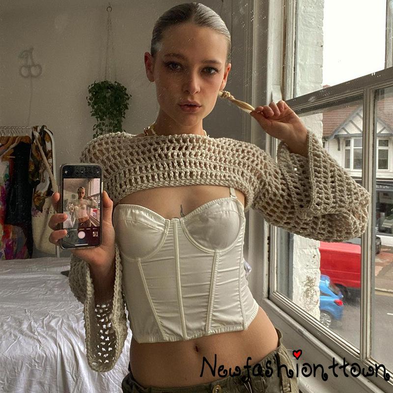 Áo Croptop Dệt Kim Tay Loe Phong Cách Cổ Điển Thời Trang 90s 00s Y2K Cho Nữ