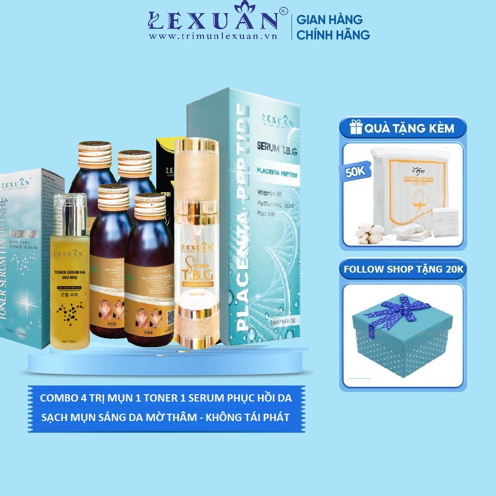 Combo Dứt Điểm Mụn Nặng Lê Xuân Cosmetic [4 Mụn 1 Toner 1 Serum TTB]  Đánh bay mụn ẩn, mụn dầu đen, mụn trứng cá,mụn bọc