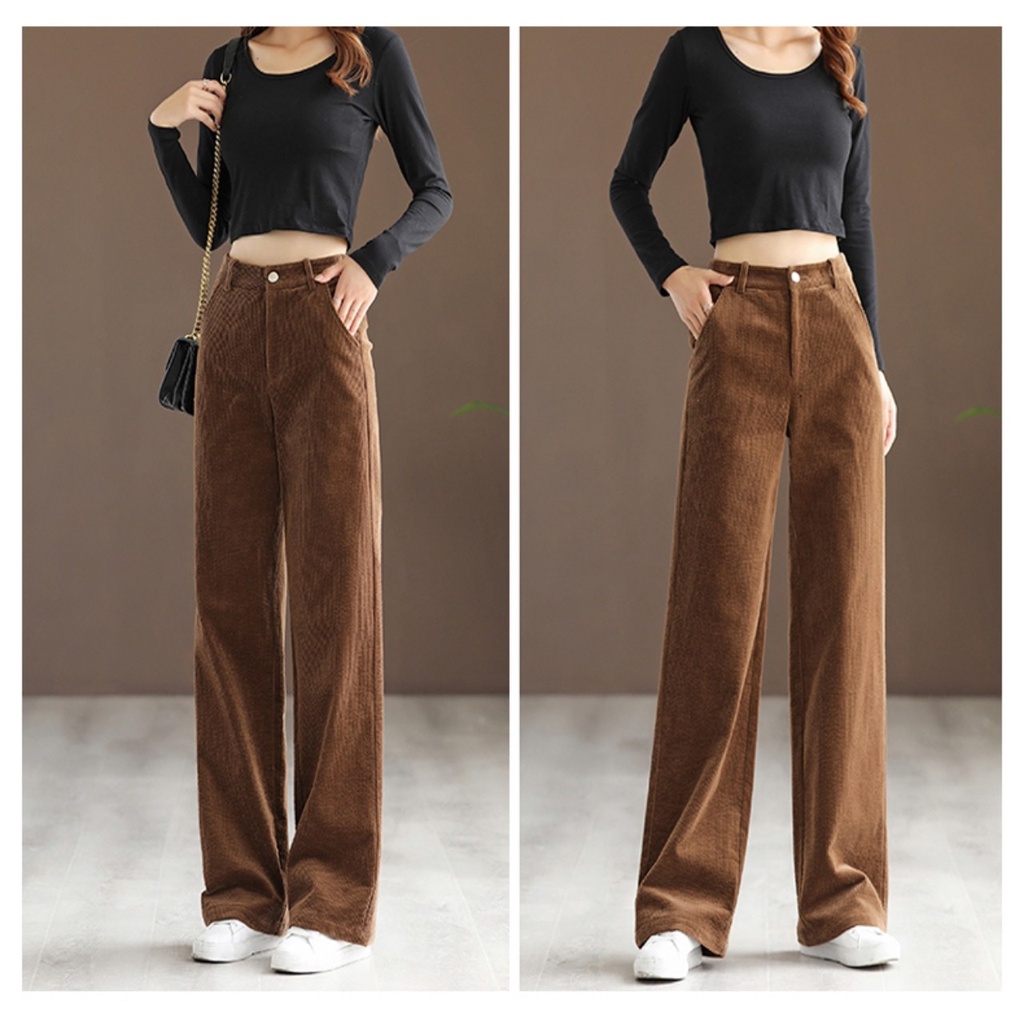 Quần Nhung Tăm culothes, Quần Nhung Ống Suông Rộng Cạp Cao