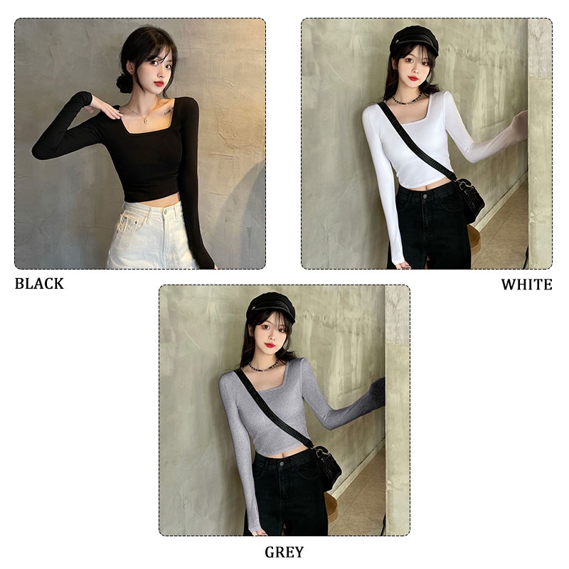 Áo thun YEYA cổ vuông dài tay hở rốn dáng ôm thời trang cho nữ