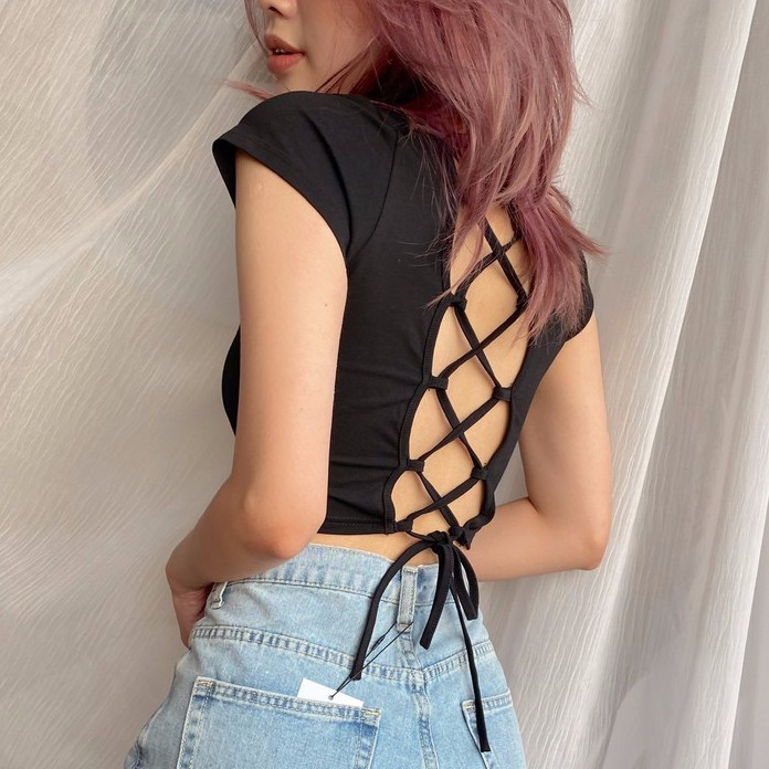 Áo croptop cutout đan dây lưng buộc dây sau cộc tay Mia Ritta A2082 ảnh thật