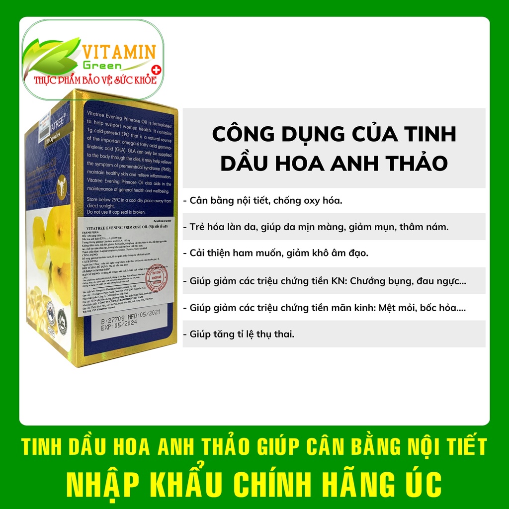 Tinh dầu hoa anh thảo VITATREE EVENING PRIMROSE OIL cân bằng nội tiết, làm đẹp da | Nhập khẩu chính hãng Úc