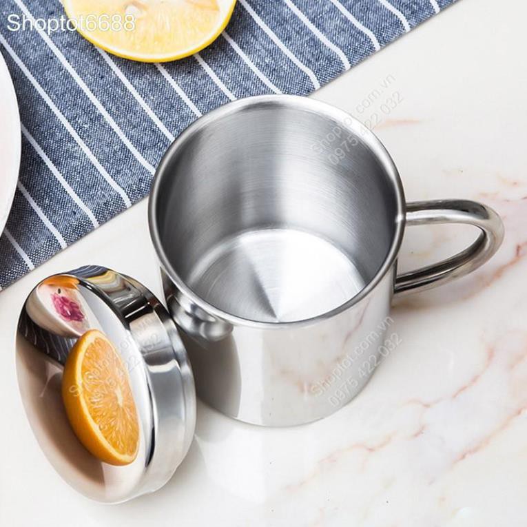 CỐC  BẰNG INOX 304 LOẠI 2 LỚP CHỐNG NÓNG 280ML, CÓ NẮP ĐẠY 2 LỚP