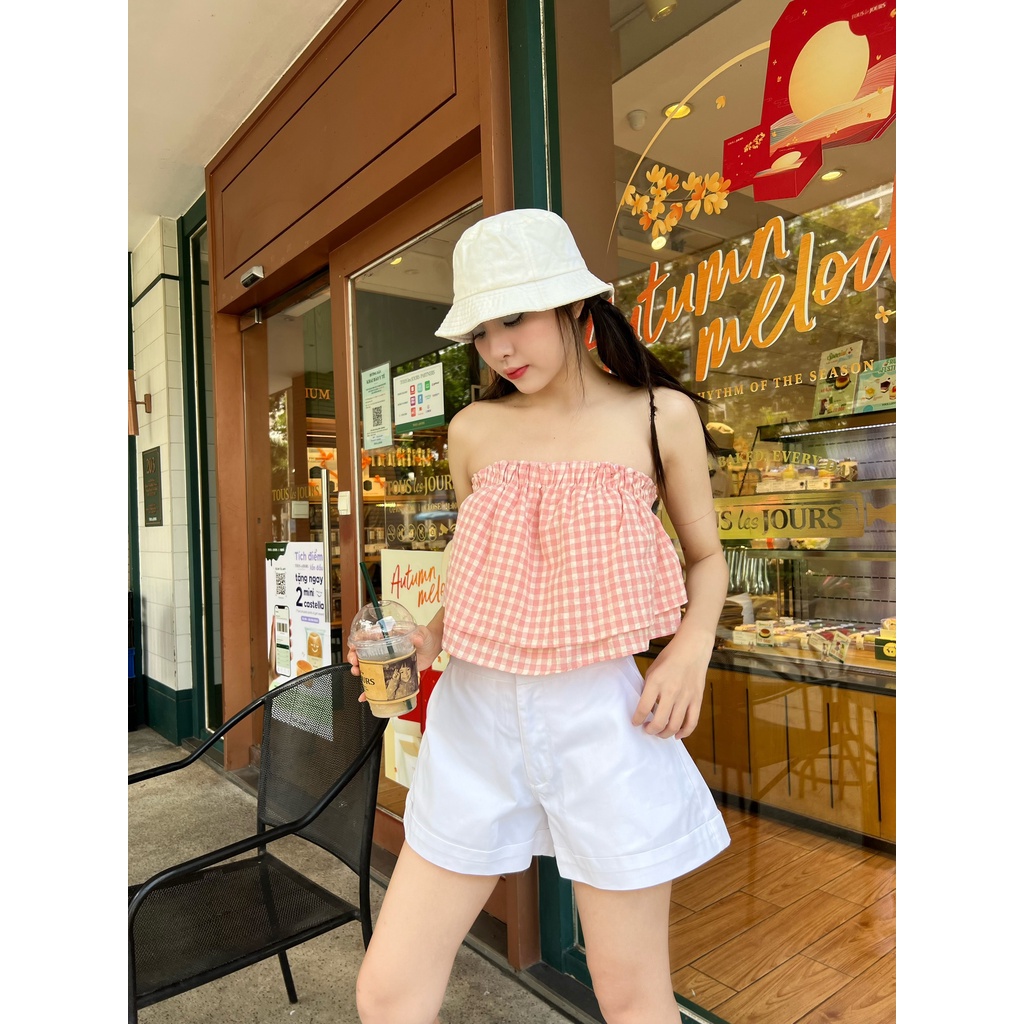 TRIPIEM - Áo croptop hai dây caro hồng viền bèo 2 tầng Pinky Top