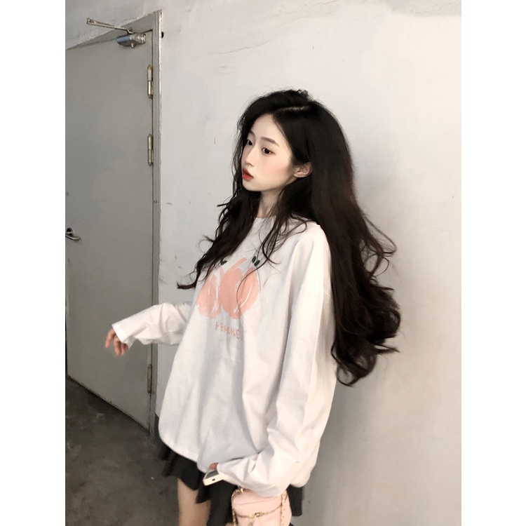 Áo thun cotton tay dài dáng rộng phong cách thời trang Hàn Quốc dành cho nữ