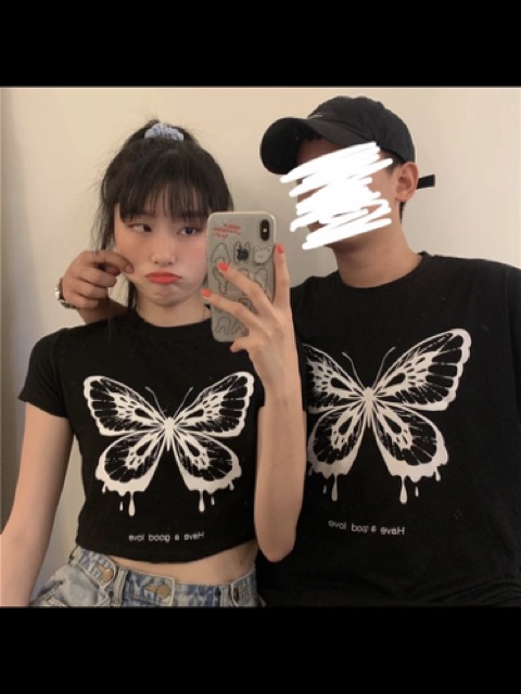 [ÁO COUPLE] [UNISEX] Croptop & Phông dài in hoạ tiết bướm hot trend 😍 Mặc với người yêu hoặc bạn thân đều xinh lun nha