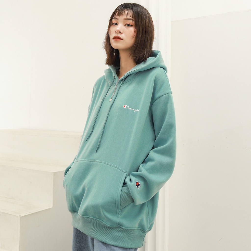 Áo Hoodie Thêu Logo Champion Sắc Nét Phía Trước Chất Vải Nỉ Bông Cotton Form Rộng Rãi Unisex Nam Nữ Màu Xanh Mint
