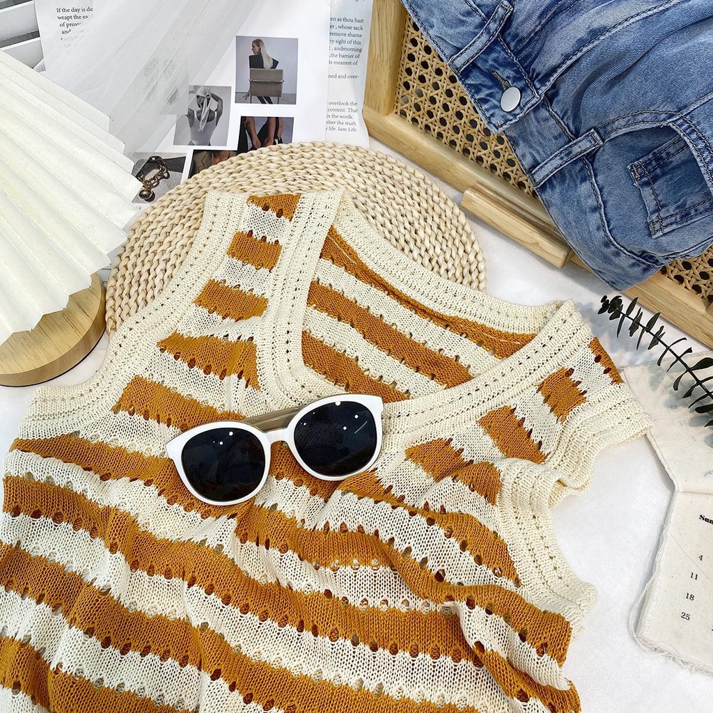 Áo Dệt Kim Không Tay Dáng Rộng Họa Tiết Kẻ Sọc Màu Đen Thời Trang Mùa Hè Dành Cho Nữ