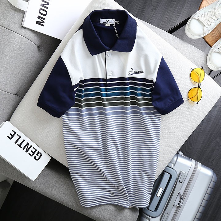 Áo thun kẻ sọc Jasson - Thun cotton mịn - 4 chiều cao cấp (3 màu: Xanh bích, xanh đen, đỏ đô) - SkyTop Fashion