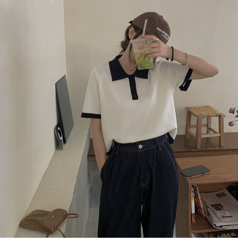 Áo polo dệt kim ngắn tay thời trang xuân thu Pháp