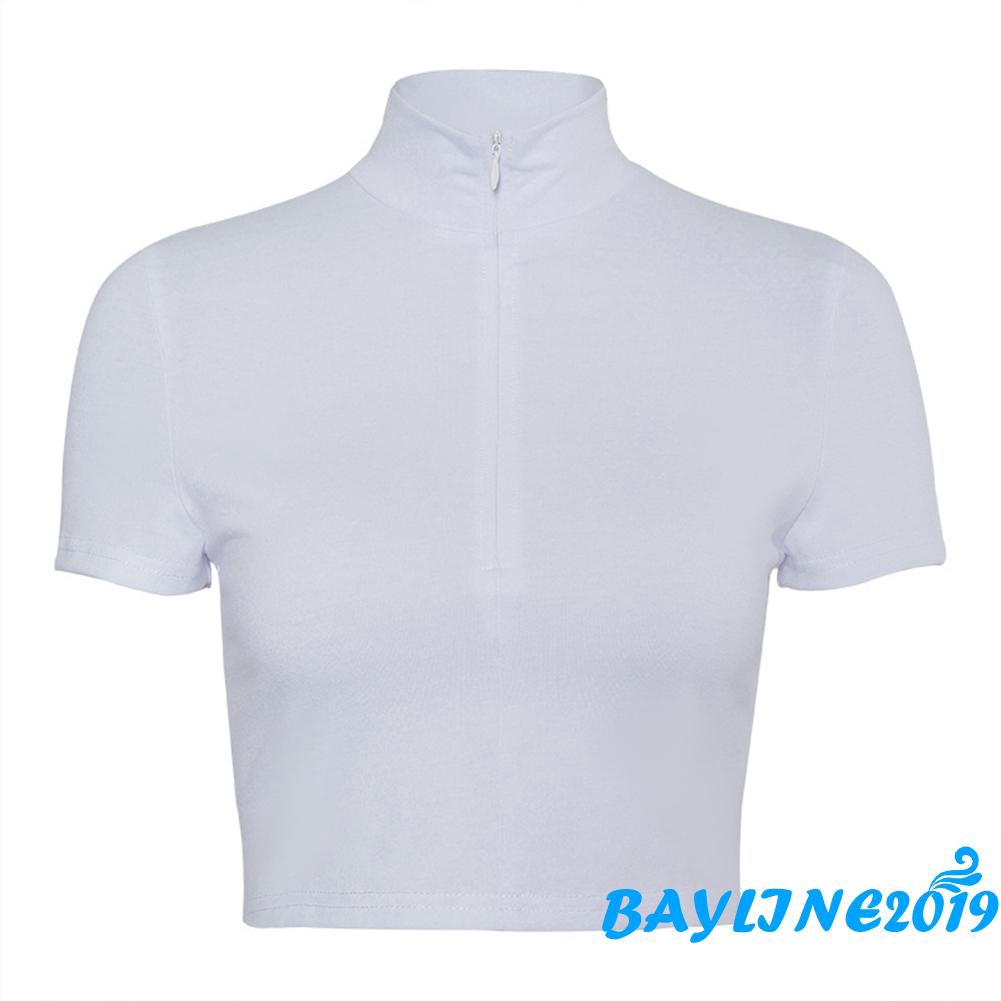 Áo kiểu crop top tay ngắn phối khóa kéo phía trước quyến rũ thời trang cho nữ