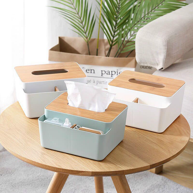 Hộp Đựng Giấy Ăn Để Bàn Có Ngăn Để Đồ Đa Năng, Hộp Khăn Giấy Nắp Gỗ Mẫu Mới
