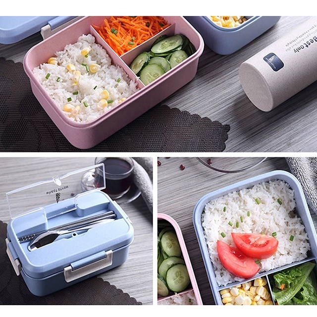 Hộp Đựng Cơm Chia 3 Ngăn Lúa Mạch Giữ Nhiệt - Tặng Kèm Đũa Thìa Inox - Dùng Được Trong Lò Vi Sóng