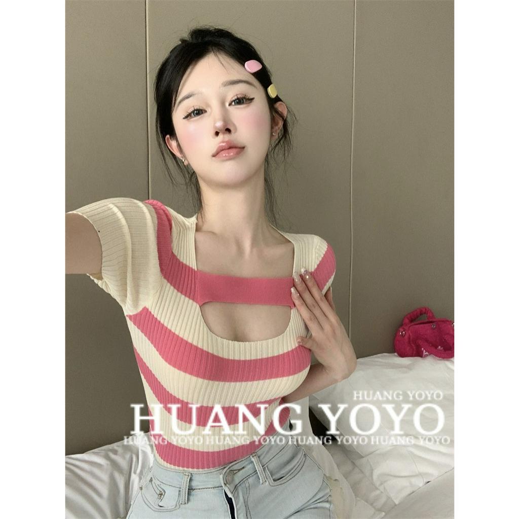 Áo Thun Ngắn Tay Cổ Vuông Họa Tiết Kẻ Sọc Thiết Kế Mới Thời Trang Mùa Hè Cho Nữ