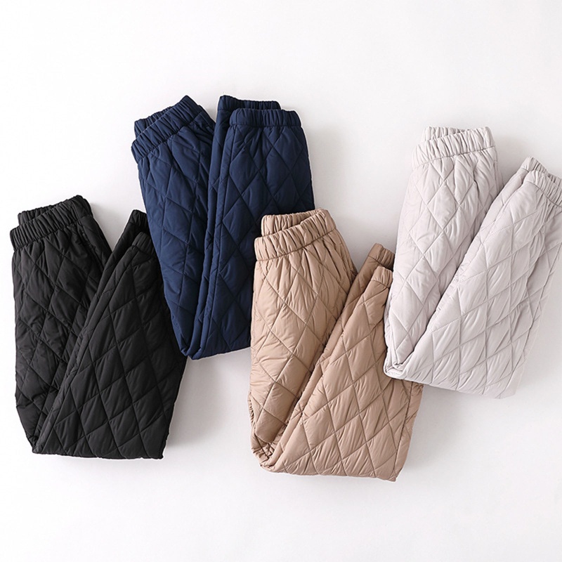 Hum Quần Joggers Lưng Cao Cotton Chần Bông Họa Tiết Kim Cương Chống Gió Mùa Đông Ấm Áp Cho Nữ