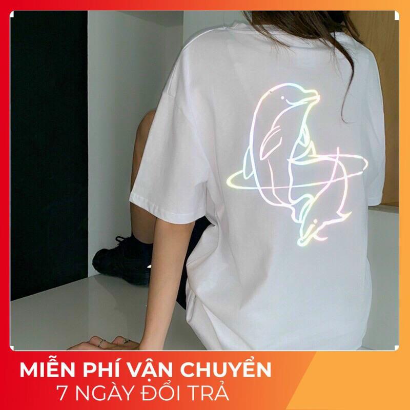 Áo thun tay lỡ phản quang phông Unisex nam nữ chất Premium Cotton oversize đến 75kg form rộng hình cá heo AP988