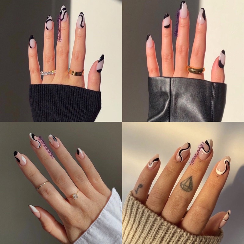 [ NAIL BOX ] móng úp thiết kế sẵn nailbox mẫu vẽ trắng đen vintage